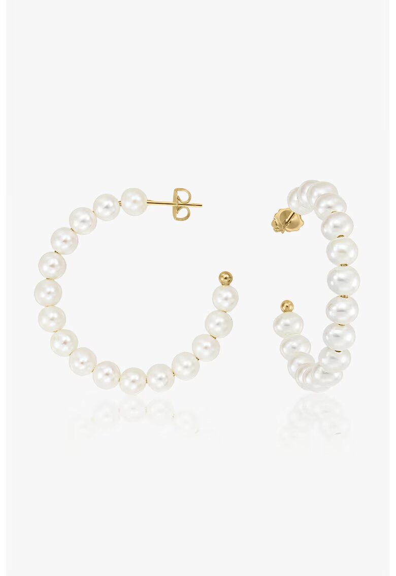 INDIRA Cercei placati cu aur de 14K decorati cu perle Golden Pearl Hoops 2 Microns - Alb/Auriu