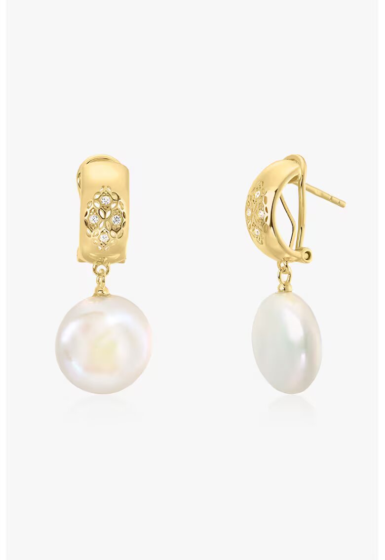 INDIRA Cercei placati cu aur de 14K - decorati cu perle si zirconia - Alb/Auriu