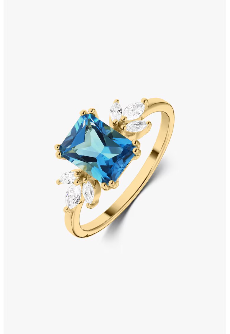 INDIRA Inel placat cu aur de 14K decorat cu topaz si zirconia - Auriu/Albastru/Argintiu