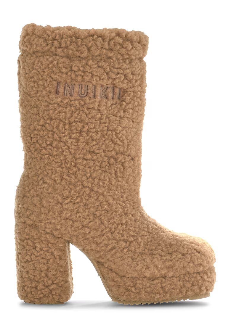 Inuikii Cizme medii din blana shearling cu toc masiv - Caramel