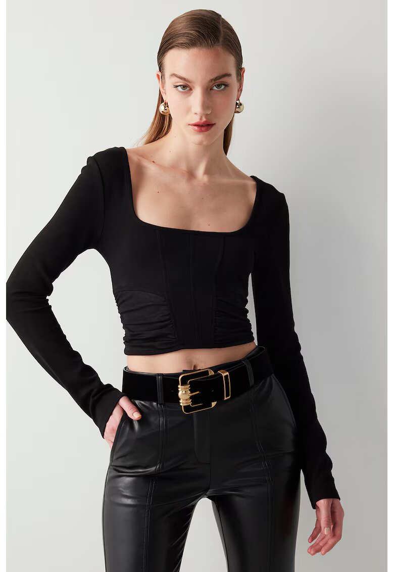 Ipekyol Bluza crop cu decolteu patrat - Negru