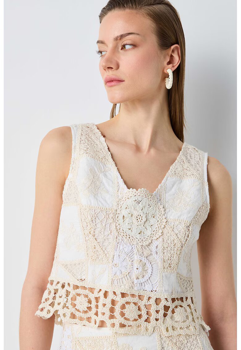 Ipekyol Bluza crop din dantela crosetata - Alb/Maro nisip