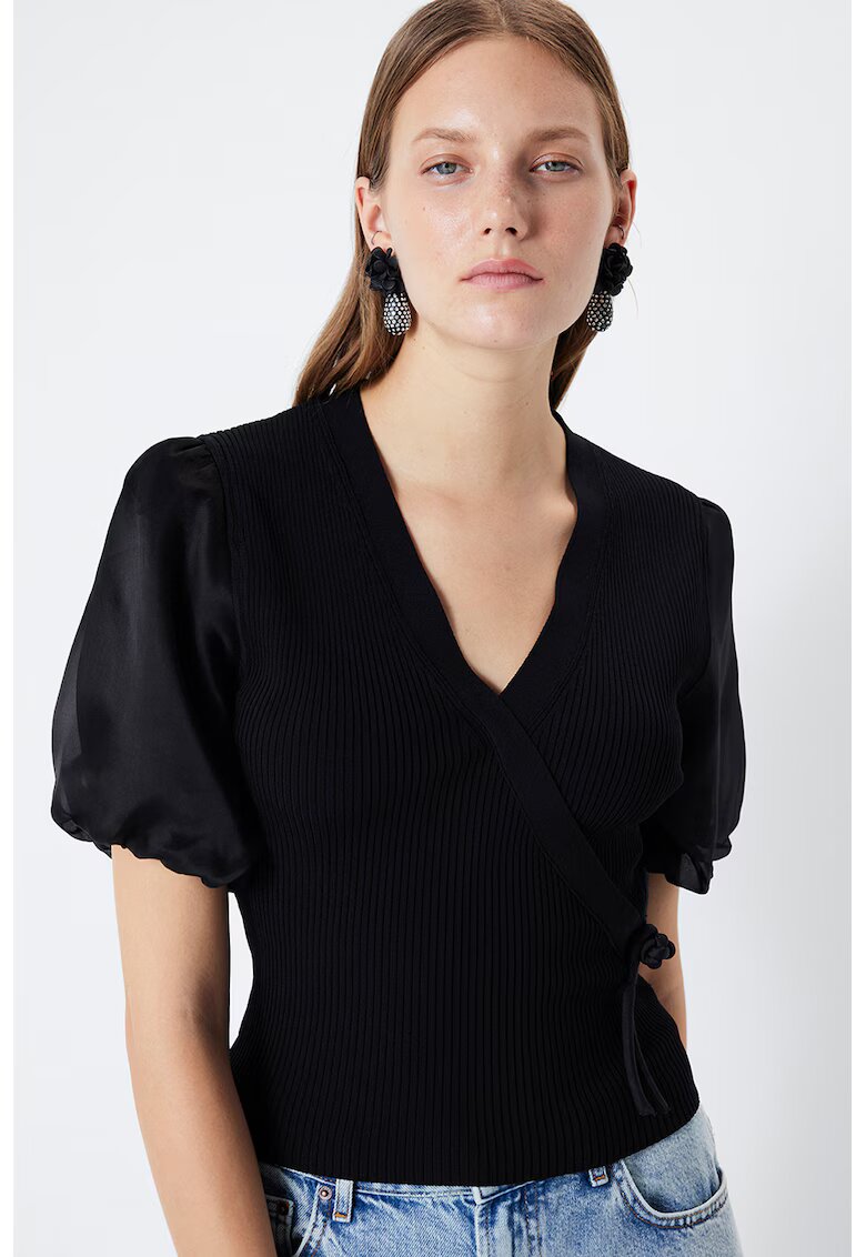 Ipekyol Bluza cu decolteu in V si maneci bufante - Negru/Negru stins