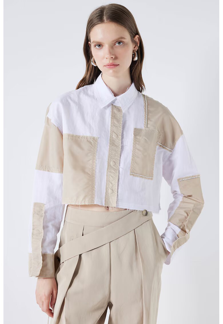 Ipekyol Camasa crop lejera cu model colorblock - Alb/Maro nisip