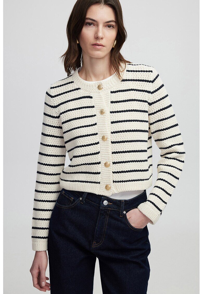 Ipekyol Cardigan cu model in dungi si inchidere cu nasturi - Alb fildes/Albastru ultramarin