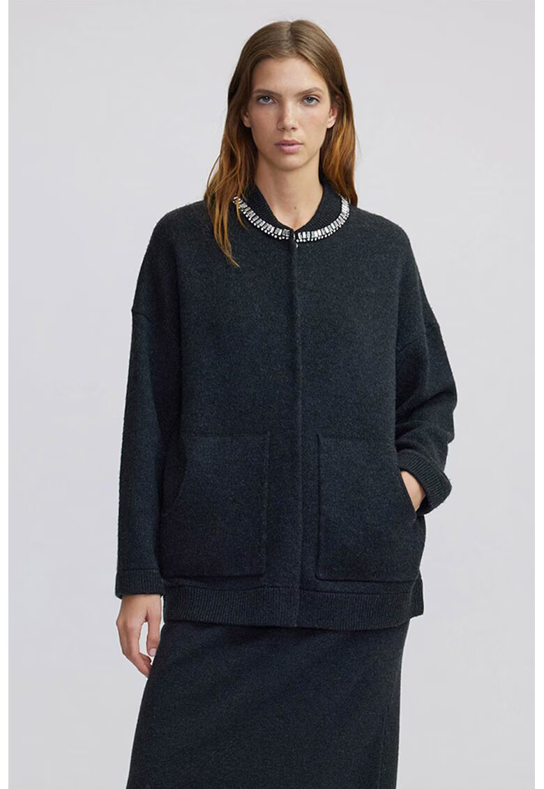 Ipekyol Cardigan din amestec de lana cu aplicatii din strasuri - Negru stins/Transparent