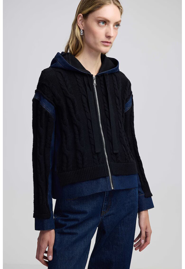 Ipekyol Hanorac tricotat cu garnituri din denim - Negru/Albastru inchis