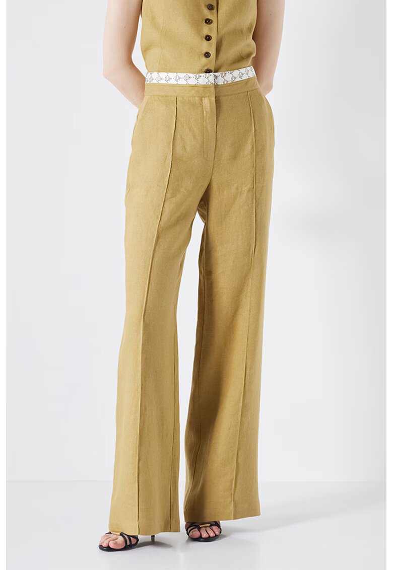 Ipekyol Pantaloni de in cu croiala ampla si banda cu monograma in talie - Verde masliniu