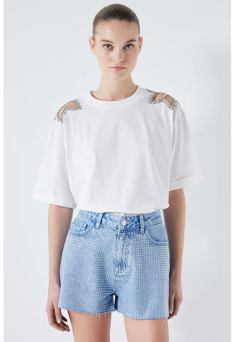 Ipekyol Pantaloni scurti de denim cu aplicatii de strasuri - Albastru deschis/Argintiu