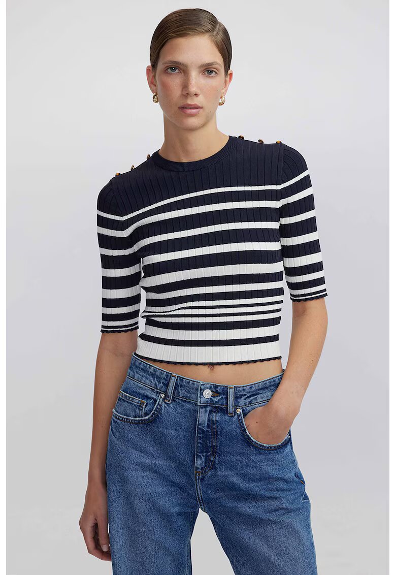 Ipekyol Pulover crop cu nasturi decorativi si dungi - Alb/Albastru ultramarin