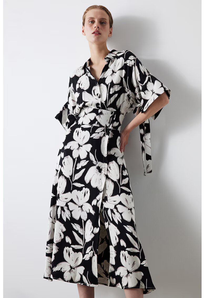 Ipekyol Rochie-chimono cu imprimeu floral - Alb/Negru