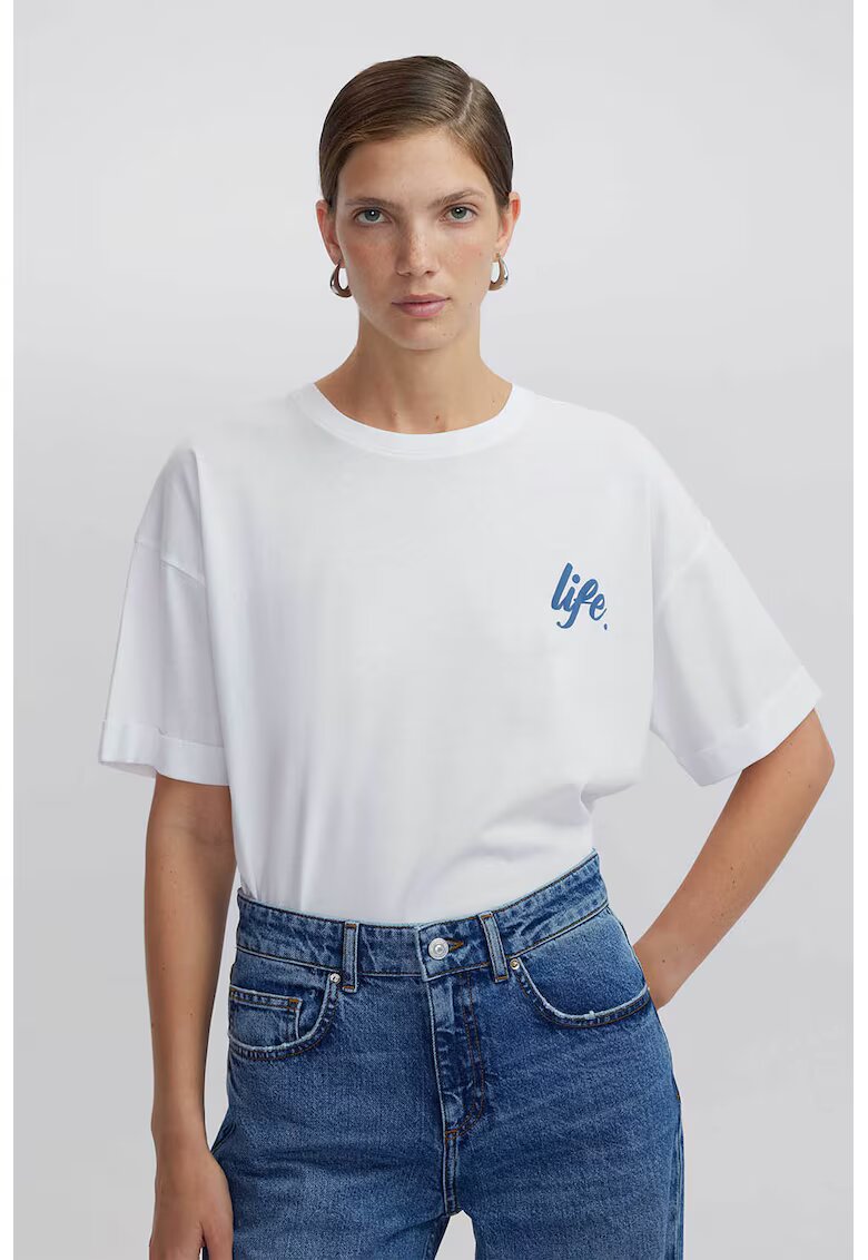 Ipekyol Tricou cu decolteu la baza gatului si imprimeu text - Alb/Albastru