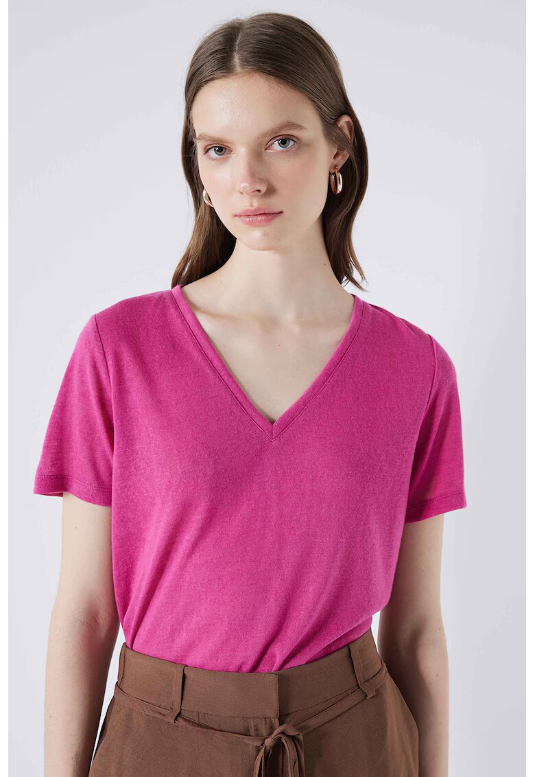 Ipekyol Tricou cu model uni si decolteu in V - Roz zmeuriu