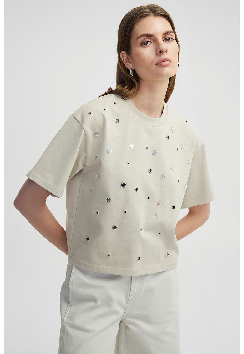 Ipekyol Tricou din bumbac cu aplicatii metalice - Maro taupe deschis/Argintiu