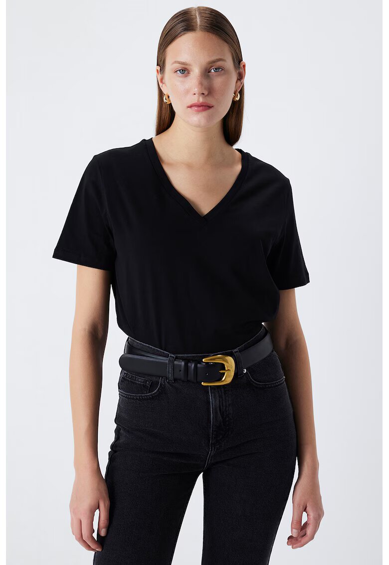 Ipekyol Tricou din bumbac cu decolteu in V - Negru