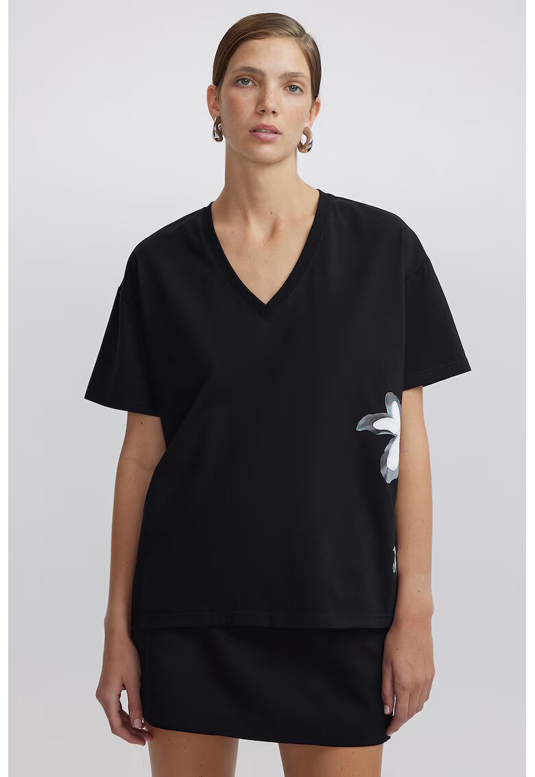 Ipekyol Tricou lejer cu decolteu in V - Negru/Albastru prafuit/Albastru glaciar