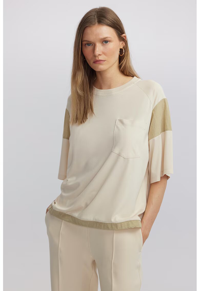 Ipekyol Tricou lejer cu decolteu la baza gatului - Alb fildes/Maro nisip