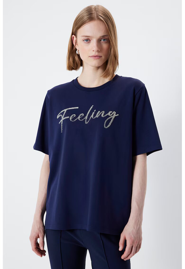 Ipekyol Tricou lejer cu imprimeu text - Bleumarin