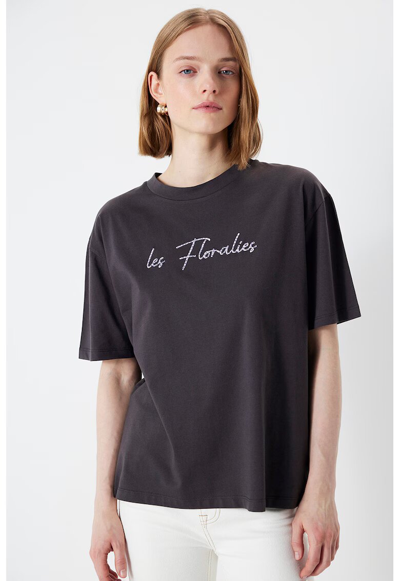 Ipekyol Tricou lejer din bumbac cu imprimeu text - Gri antracit
