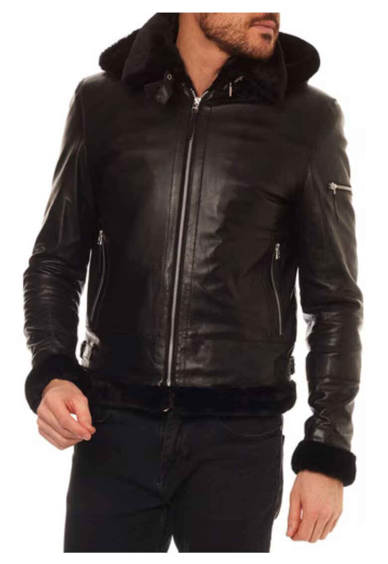 Isaco  Kawa Sacou barbati Isaco - piele naturala - negru - gluga detasabila - buzunare - XL -