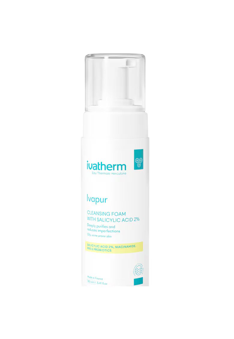 Ivatherm Spuma de curatare Ivapur cu Acid Salicilic 2% pentru pielea mixta sau grasa cu tendinta acneica - 160 ml