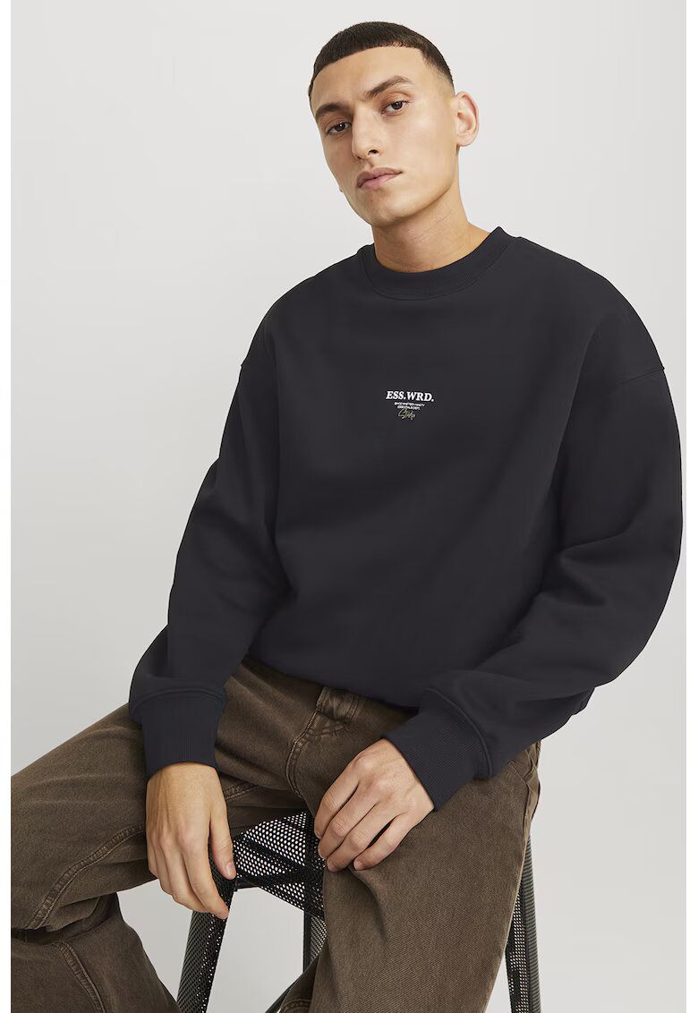 Jack & Jones Bluza de trening cu decolteu la baza gatului si imprimeu pe partea din spate - Negru