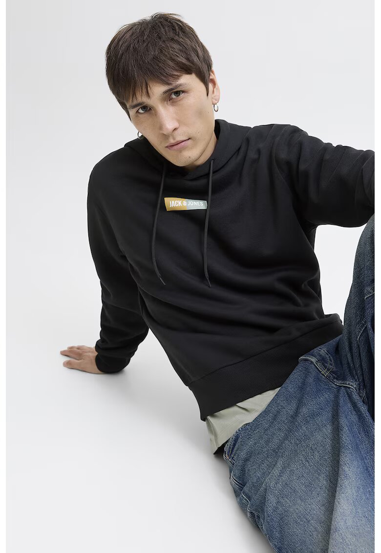 Jack & Jones Hanorac cu snur de ajustare si detaliu logo - Negru