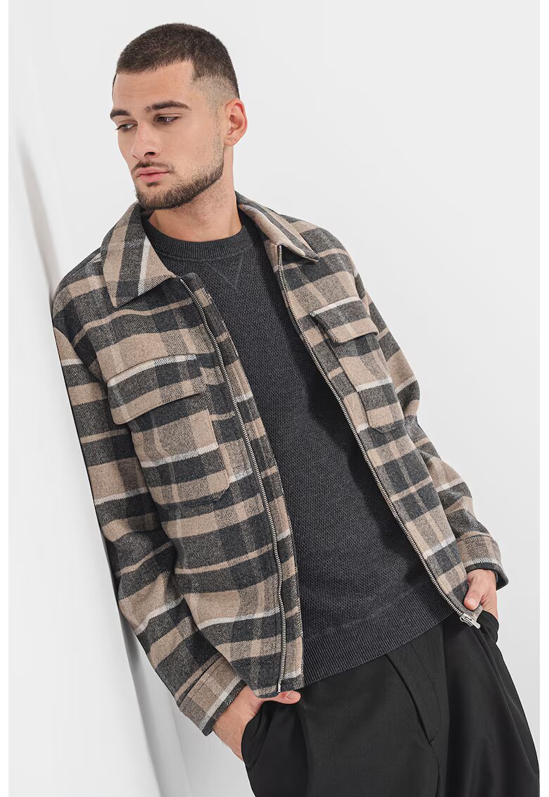 Jack & Jones Jacheta din amestec de lana cu fermoar - Maro inchis/Gri inchis
