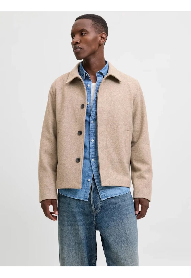 Jack & Jones Palton scurt barbati - JEHARRIS - cu guler inalt si 2 buzunare oblice - Maro deschis