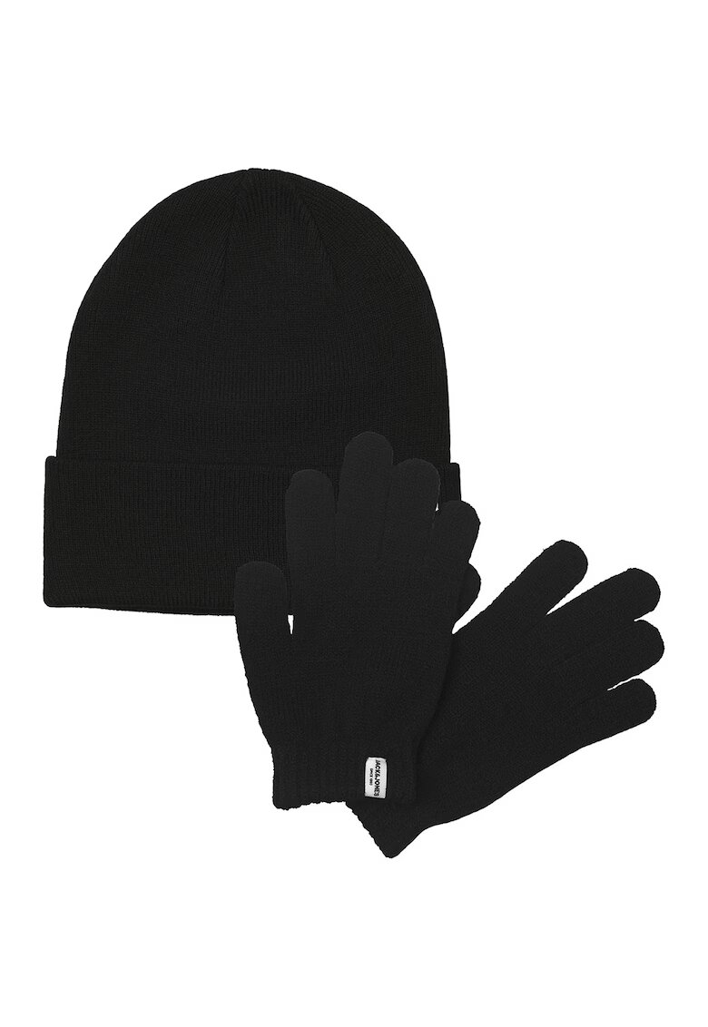Jack & Jones Set de caciula tricotata si manusi - 3 piese - Negru