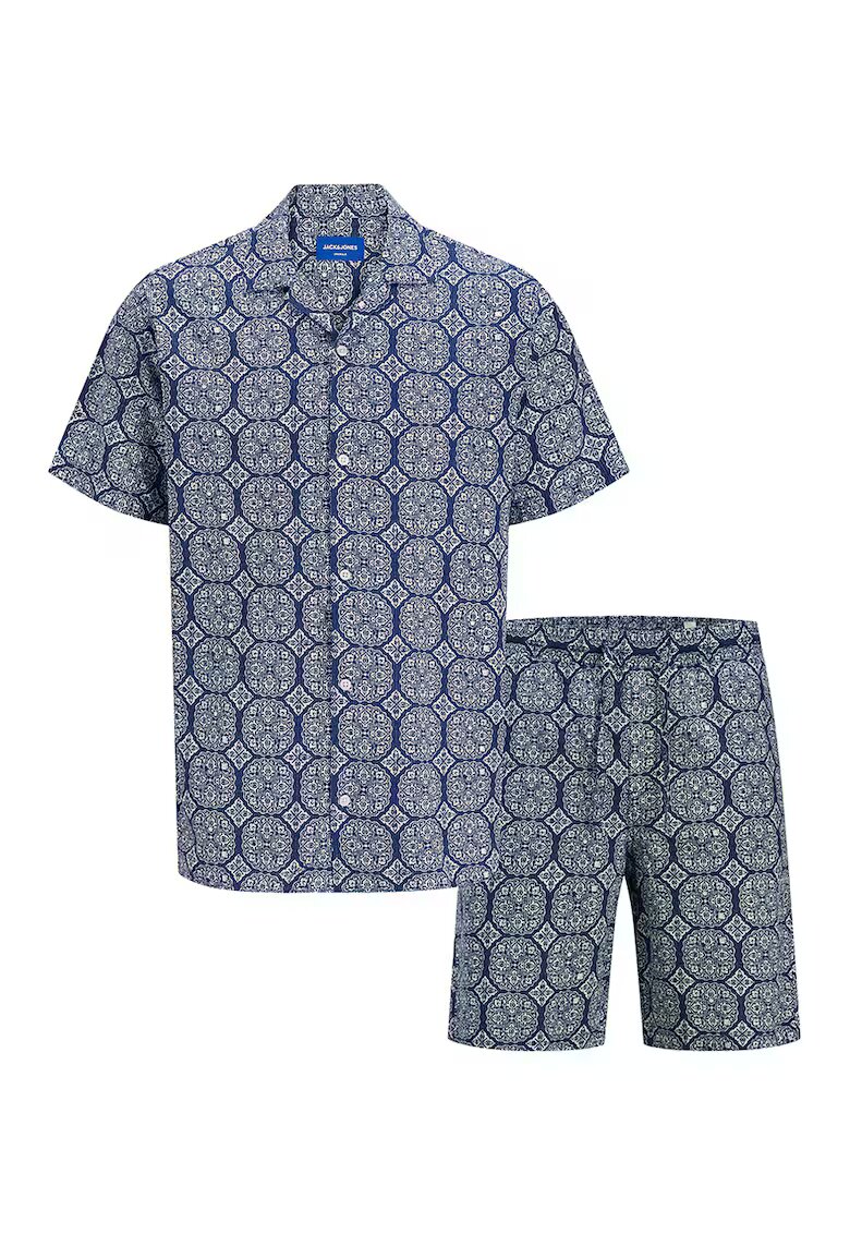 Jack  Jones Set de camasa polo si pantaloni scurti cu model - 2 piese - Albastru inchis/Alb murdar