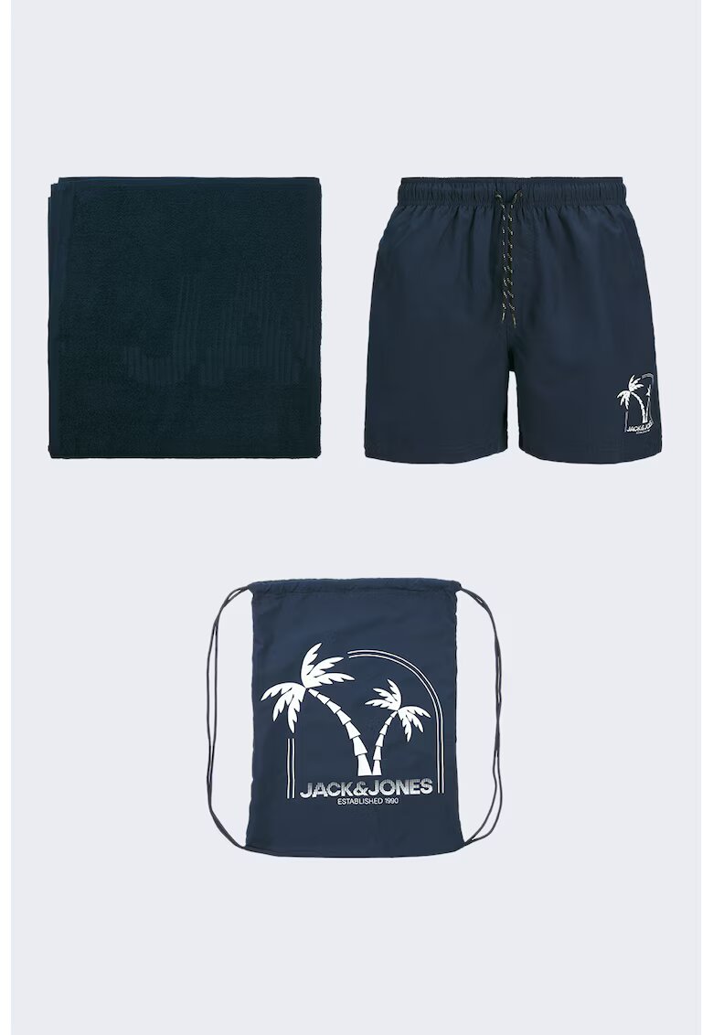 Jack  Jones Set de pantaloni scurti de baie - prosop de plaja si rucsac - 3 piese - Alb optic/Bleumarin