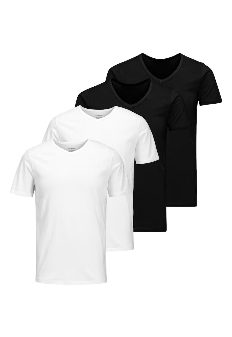 Jack  Jones Set de tricouri cu decolteu in V Basic - 4 piese - Alb/Negru