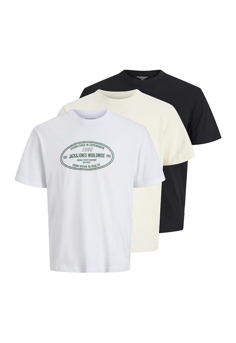 Jack  Jones Set de tricouri cu decolteu la baza gatului si imprimeu logo - 3 piese - Negru/Alb optic/Crem