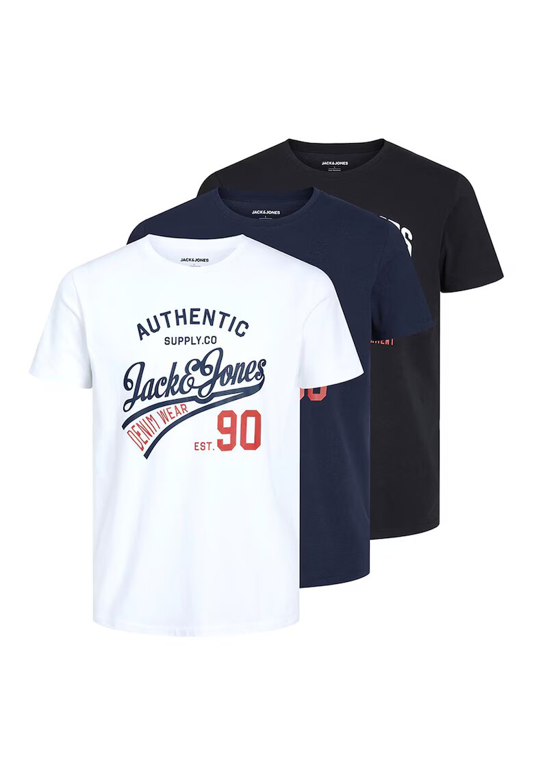 Jack  Jones Set de tricouri cu decolteu la baza gatului si logo - 3 piese - Alb/Negru/Bleumarin