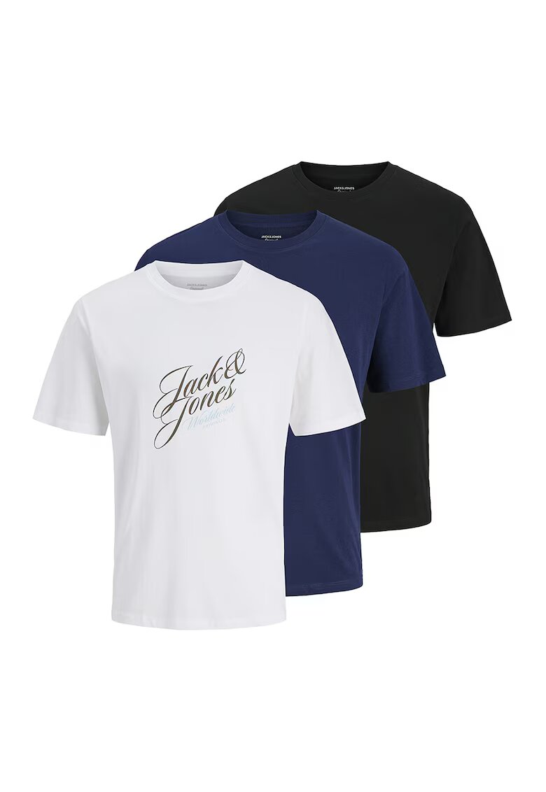 Jack  Jones Set de tricouri cu decolteu la baza gatului si logo - 3 piese - Alb/Negru/Bleumarin