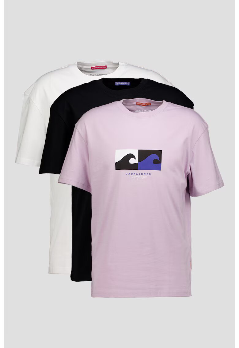 Jack  Jones Set de tricouri de bumbac Marbella - 3 piese - Alb/Negru/Violet prafuit