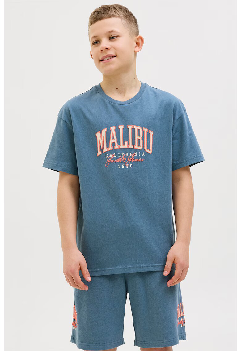 Jack  Jones Tricou cu decolteu la baza gatului - imprimeu text si logo - Albastru prafuit