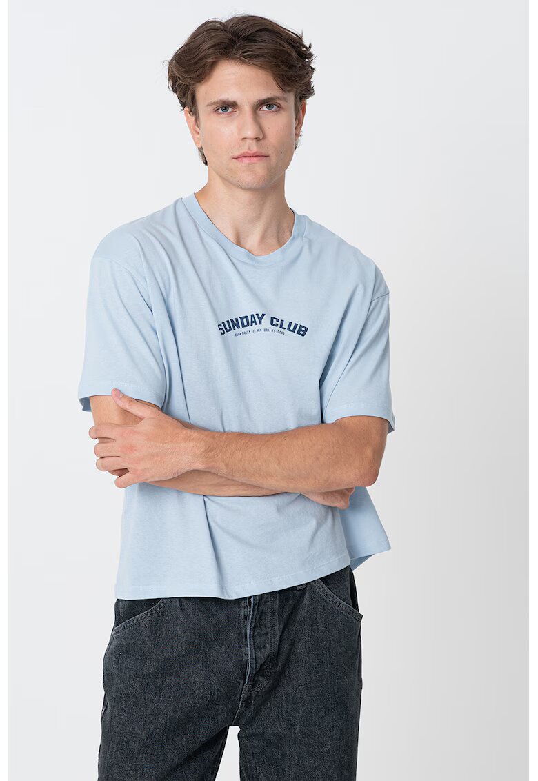 Jack & Jones Tricou cu decolteu la baza gatului si imprimeu logo - Albastru deschis
