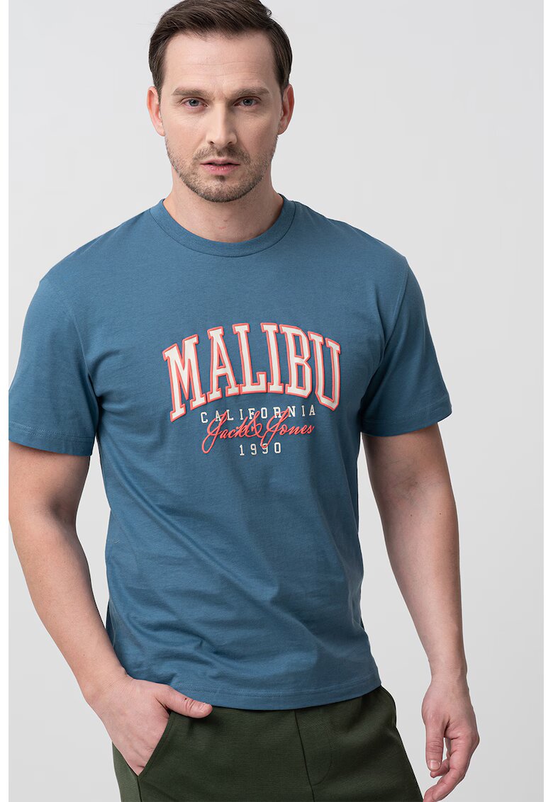 Jack & Jones Tricou cu decolteu la baza gatului si imprimeu text - Alb fildes/Albastru prafuit/Roz somon