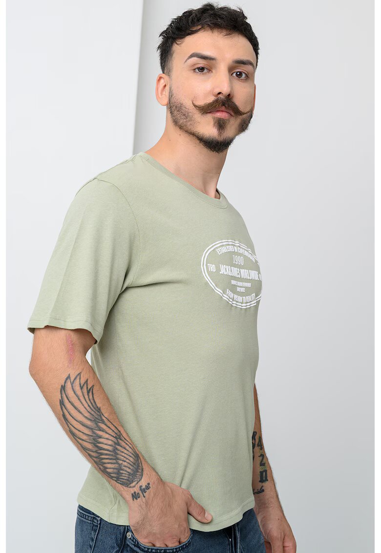 Jack  Jones Tricou cu imprimeu frontal si decolteu la baza gatului York - Alb/Verde deschis