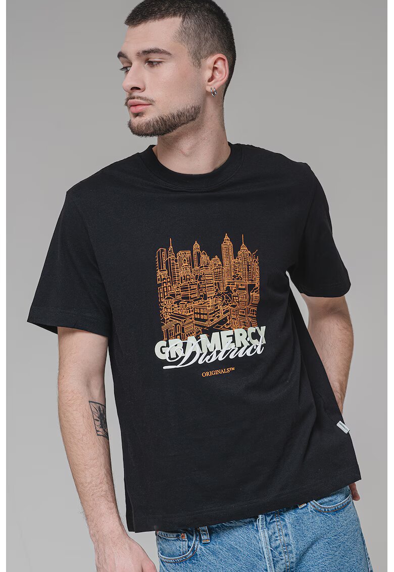 Jack  Jones Tricou cu model grafic si decolteu la baza gatului - Negru