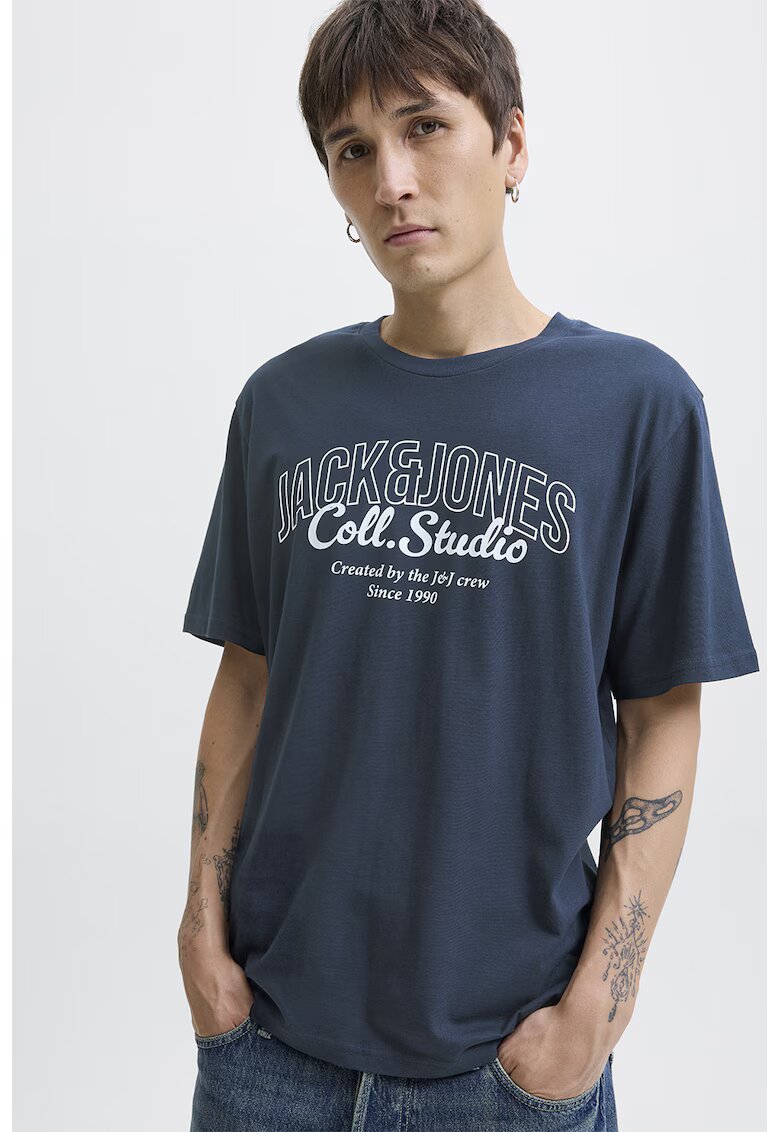Jack & Jones Tricou de bumbac cu imprimeu si decolteu la baza gatului - Gri/Gri carbune
