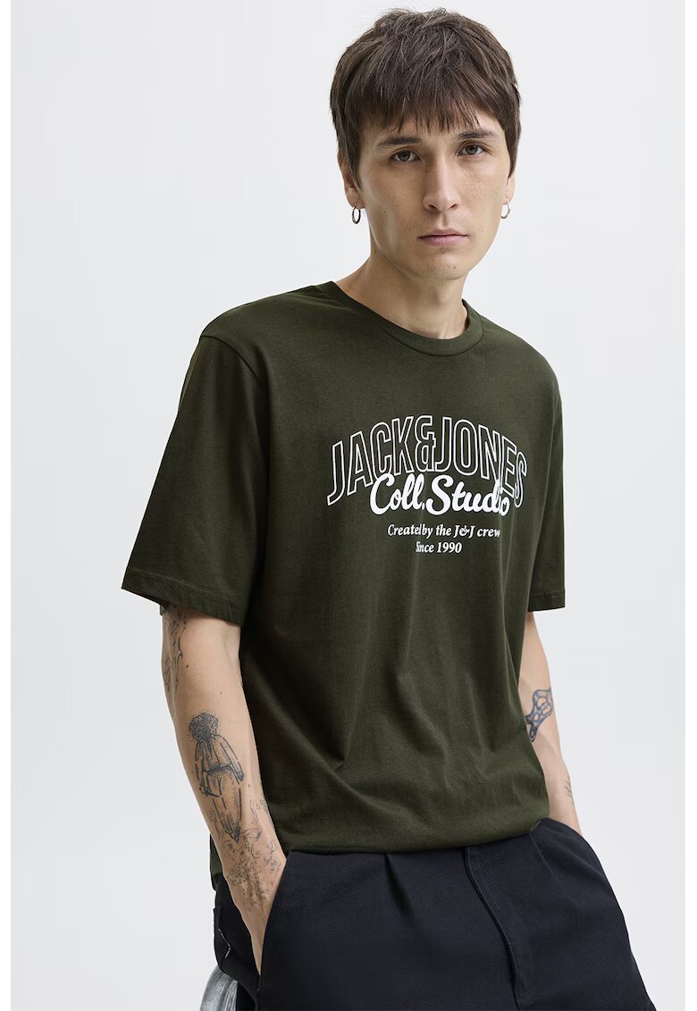 Jack & Jones Tricou de bumbac cu imprimeu si decolteu la baza gatului - Kaki inchis