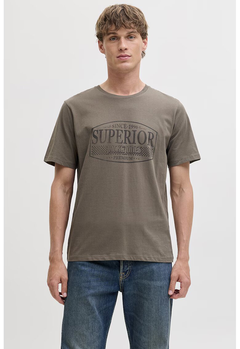 Jack & Jones Tricou de bumbac cu imprimeu si decolteu la baza gatului - Maro taupe