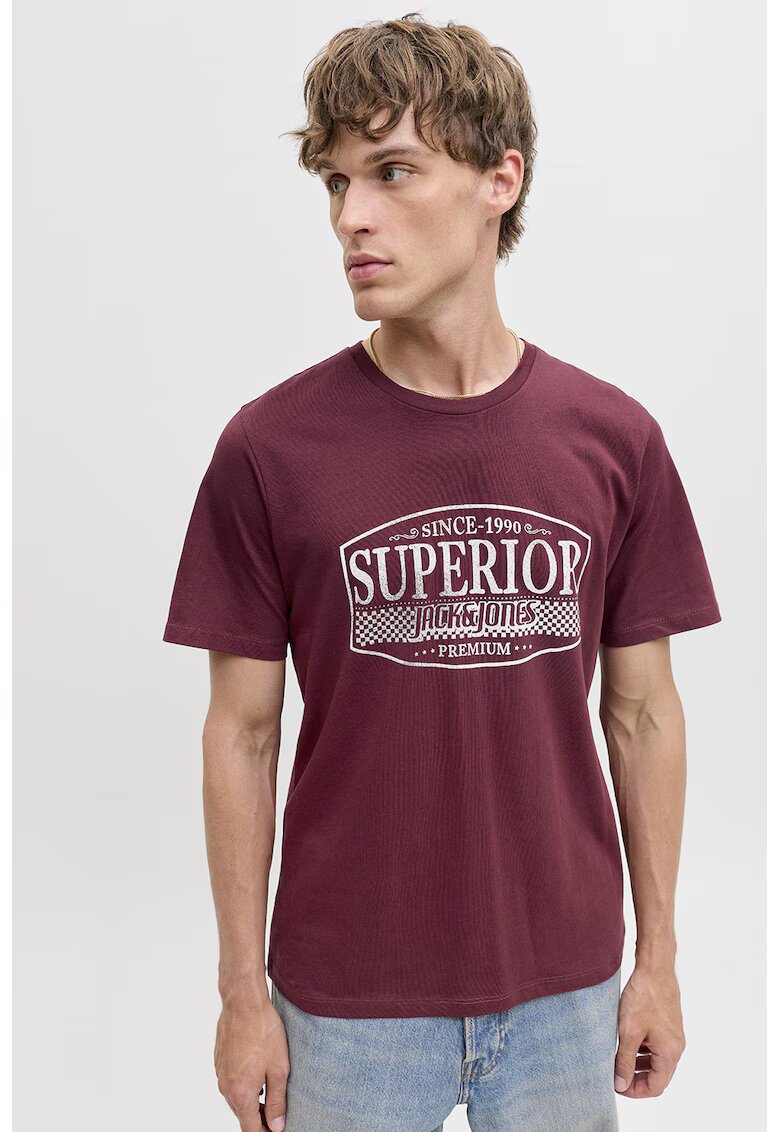 Jack & Jones Tricou de bumbac cu imprimeu si decolteu la baza gatului - Visiniu