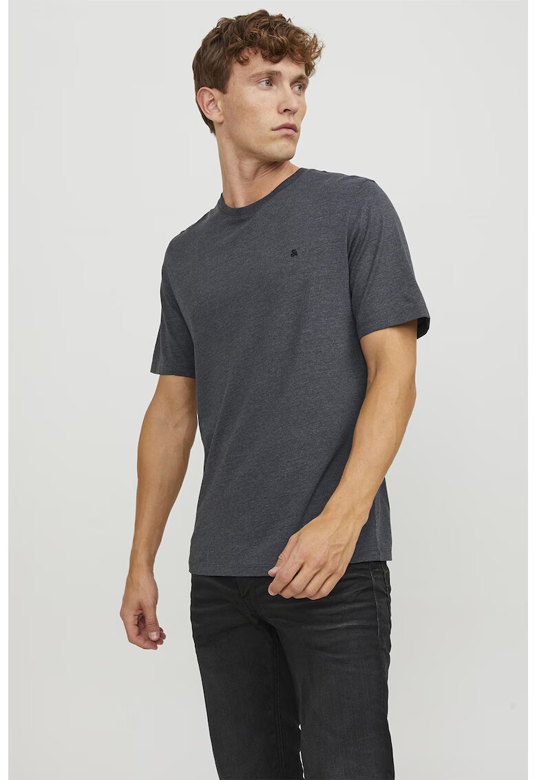 Jack  Jones Tricou de bumbac organic cu decolteu la baza gatului si broderie discreta - Gri melange