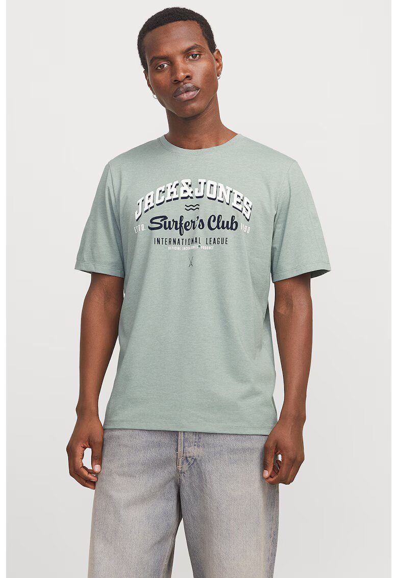 Jack  Jones Tricou de bumbac organic cu imprimeu logo - Alb/Verde pal/Bleumarin