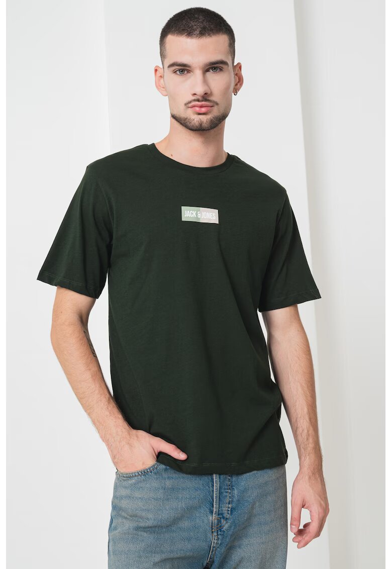 Jack & Jones Tricou din bumbac cu decolteu la baza gatului si logo - Verde englez