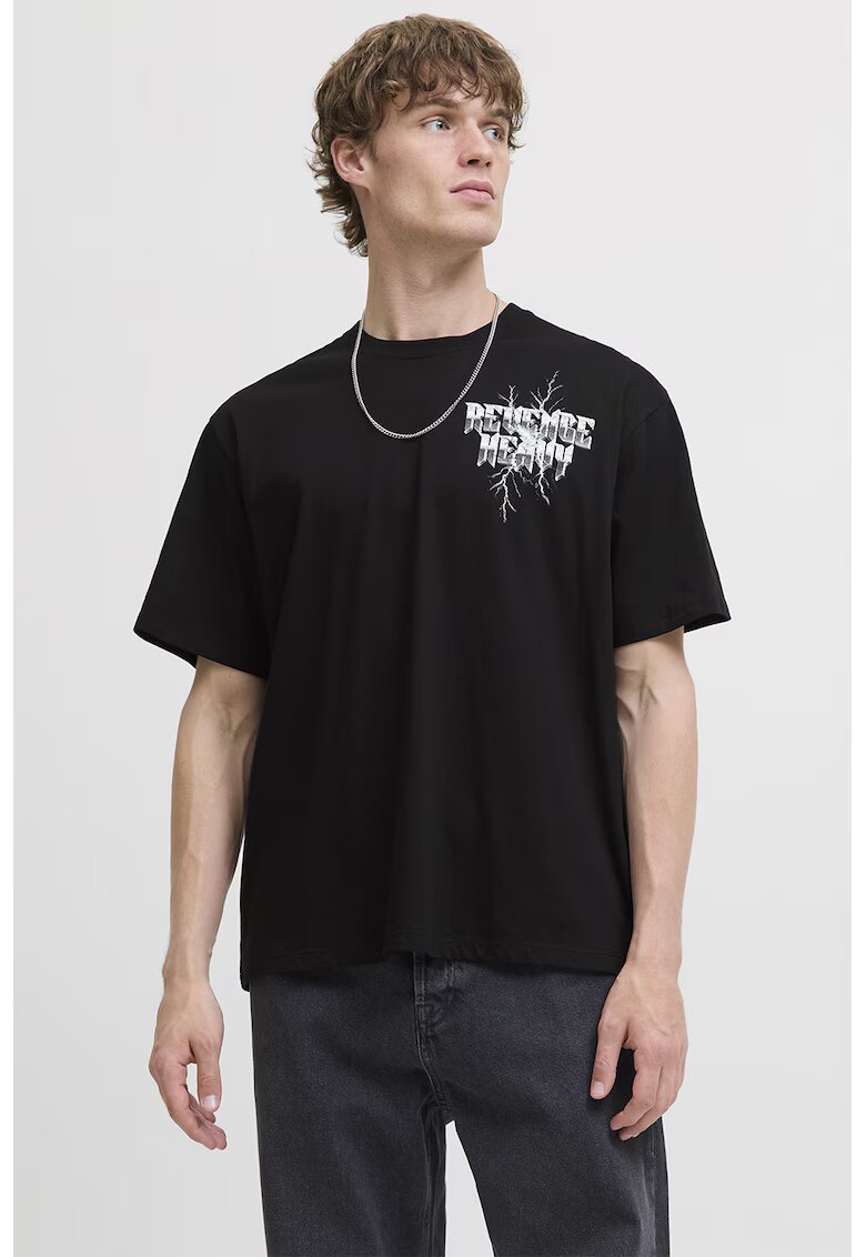 Jack  Jones Tricou lejer de bumbac cu imprimeu grafic si text - Albastru pastel/Negru/Alb optic
